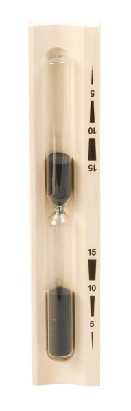 Sanduhr - Laufzeit 15 Min. Glaszylinder mit schwarzem Sand und Drehgestell mit schwarzem Druck